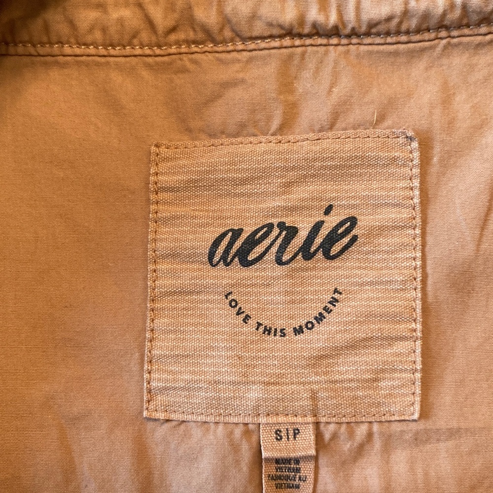 Aerie Distressed Oversized Popover Collared V-neck Tan Sweatshirt Women Size S - Picture 3 of 11